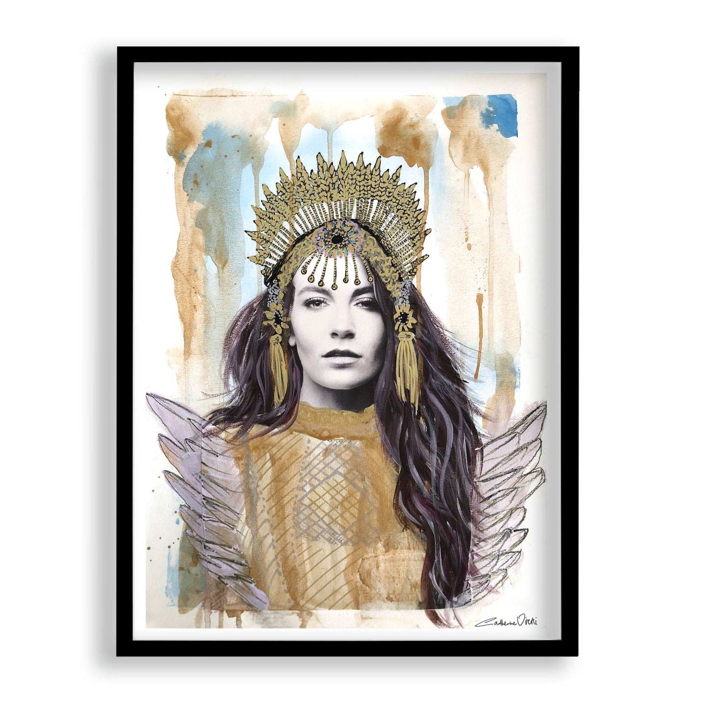 Fine art print of a woman with a crown and angel wings, in a black frame.