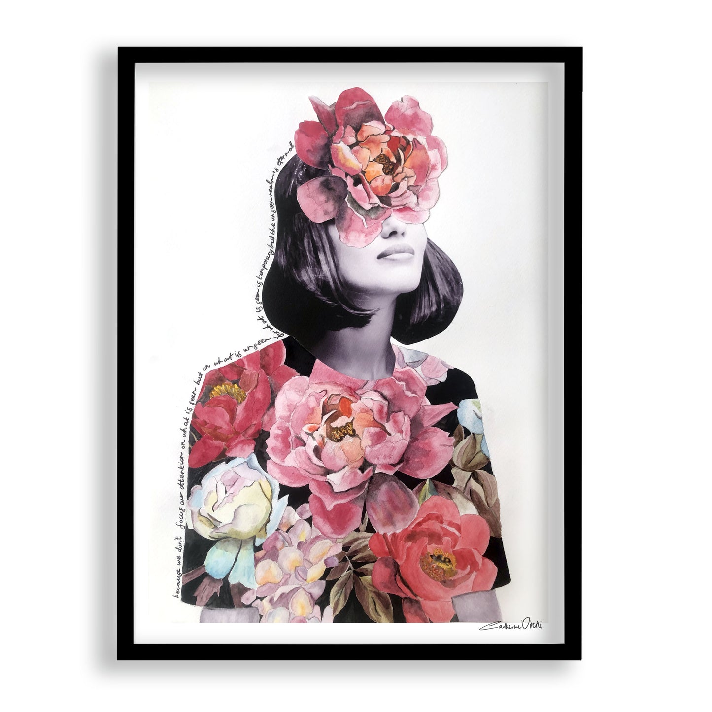 Original Art Print of black and white photograph of woman with colourful watercolour painted flowers, in black frame.