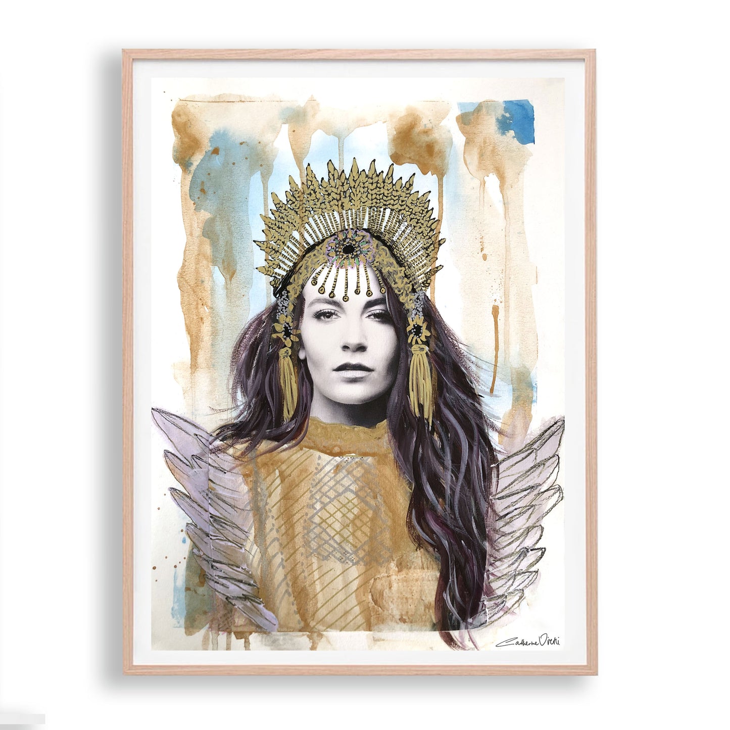 Fine art print of a woman with a crown and angel wings, in an oak frame.