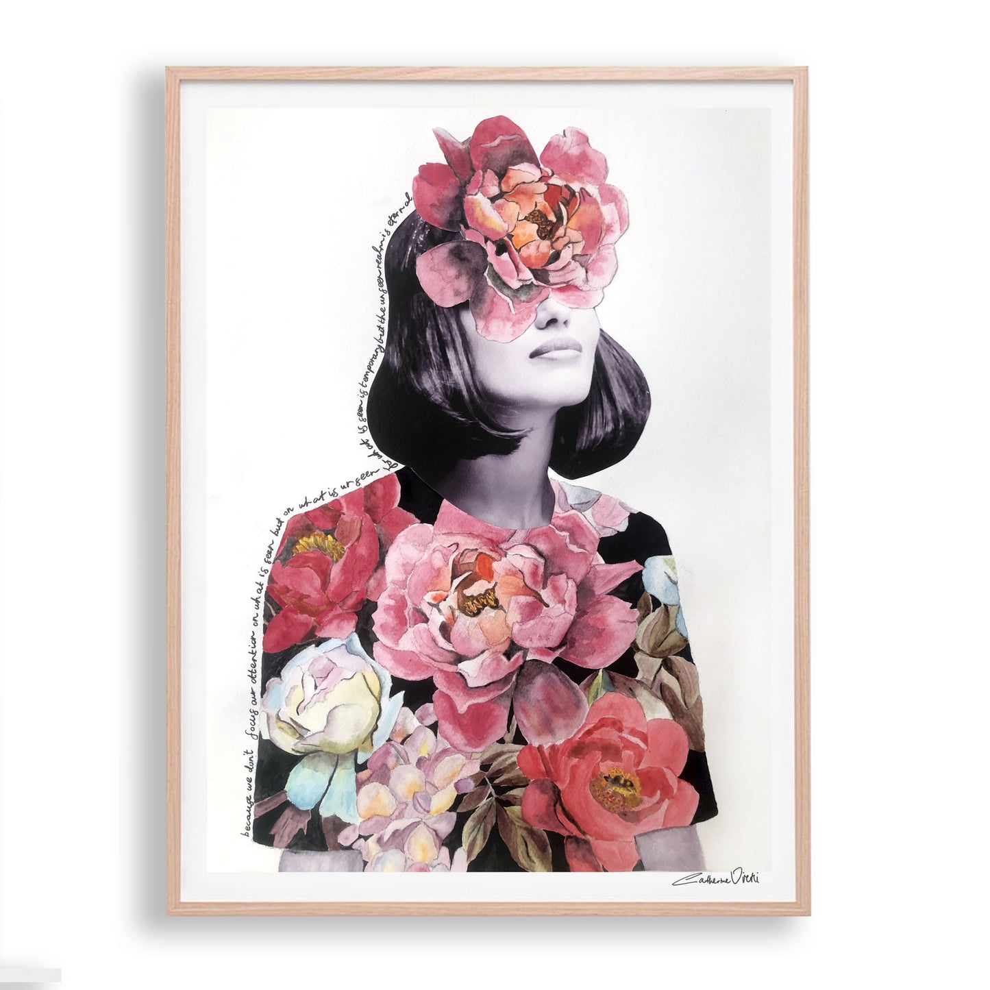 Original Art Print of black and white photograph of woman with colourful watercolour painted flowers, in oak frame.