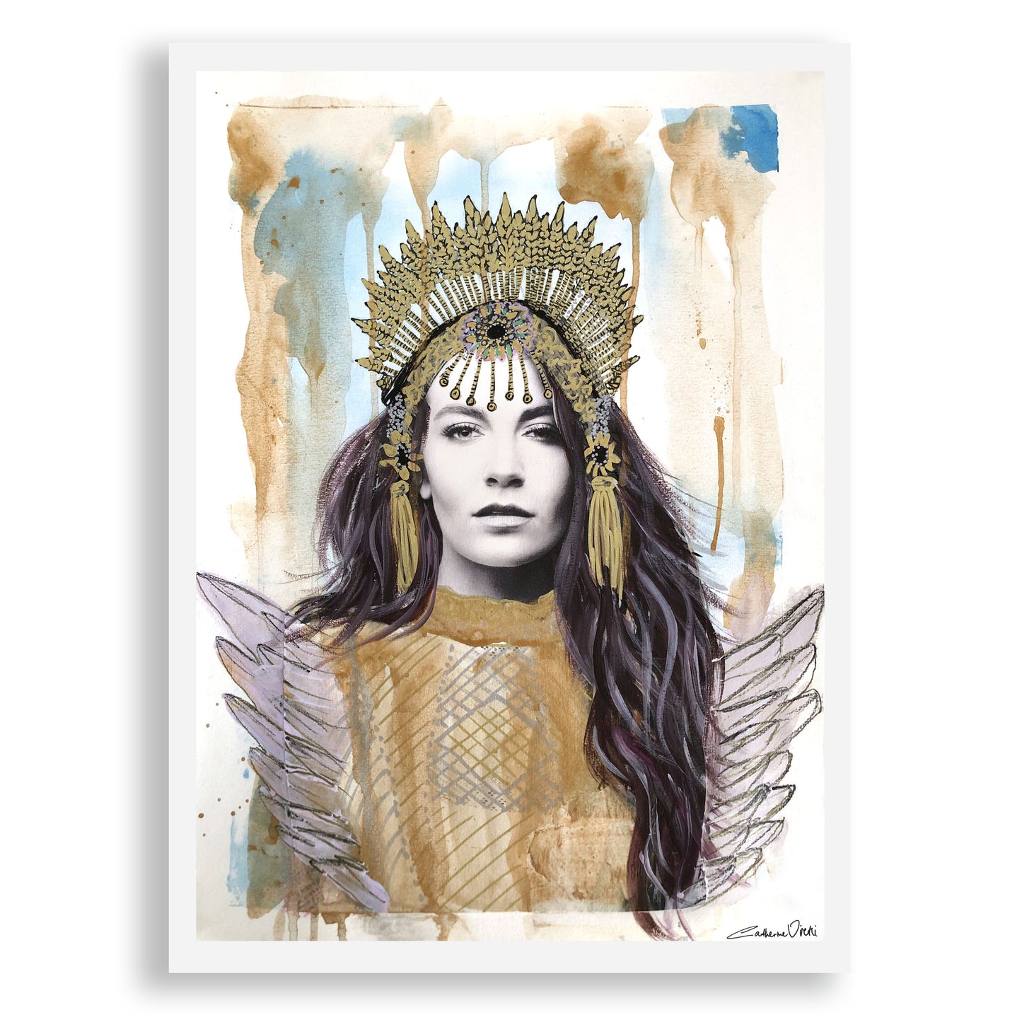 Fine art print of a woman with a crown and angel wings.