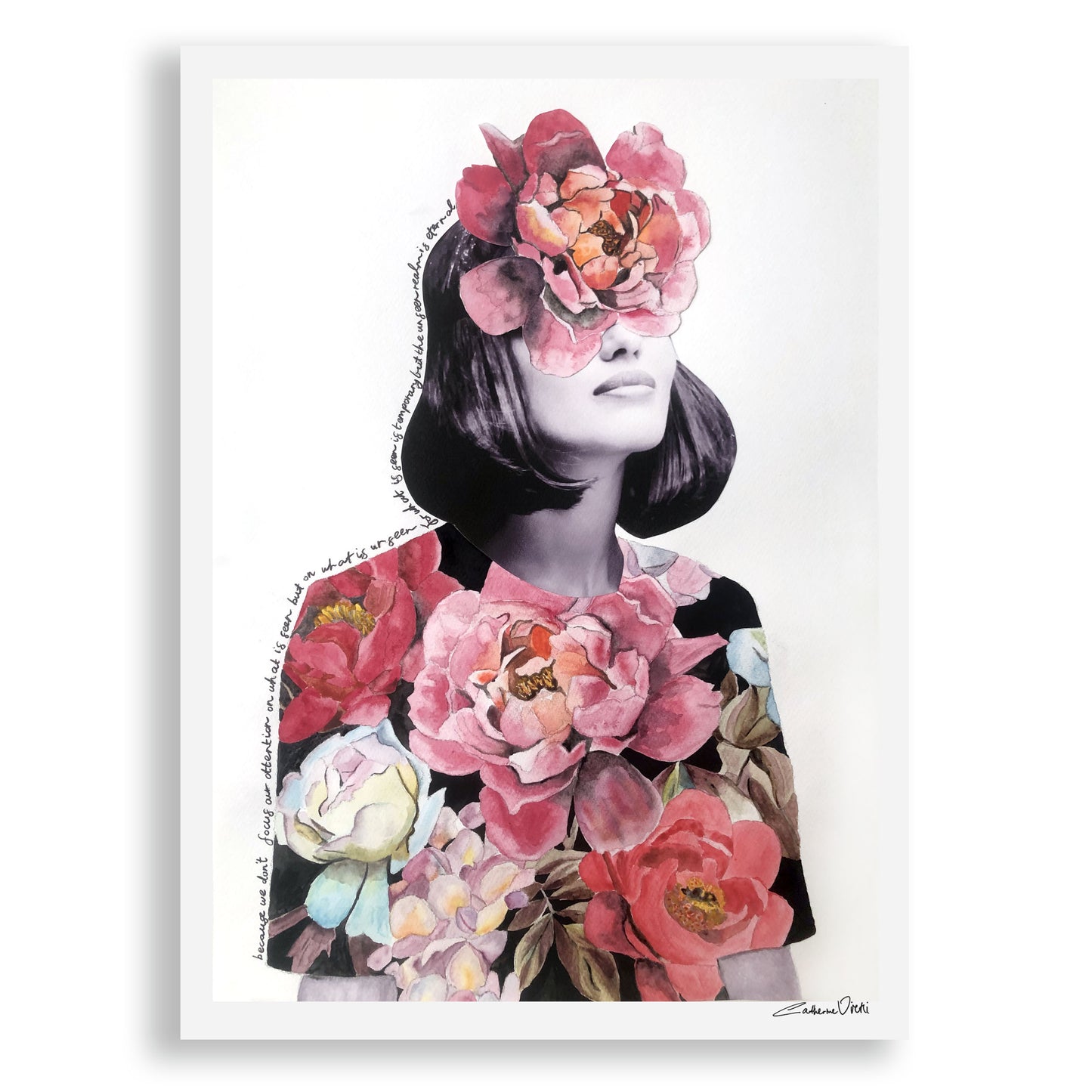 Art Print of black and white photograph of woman with colourful watercolour painted flowers.