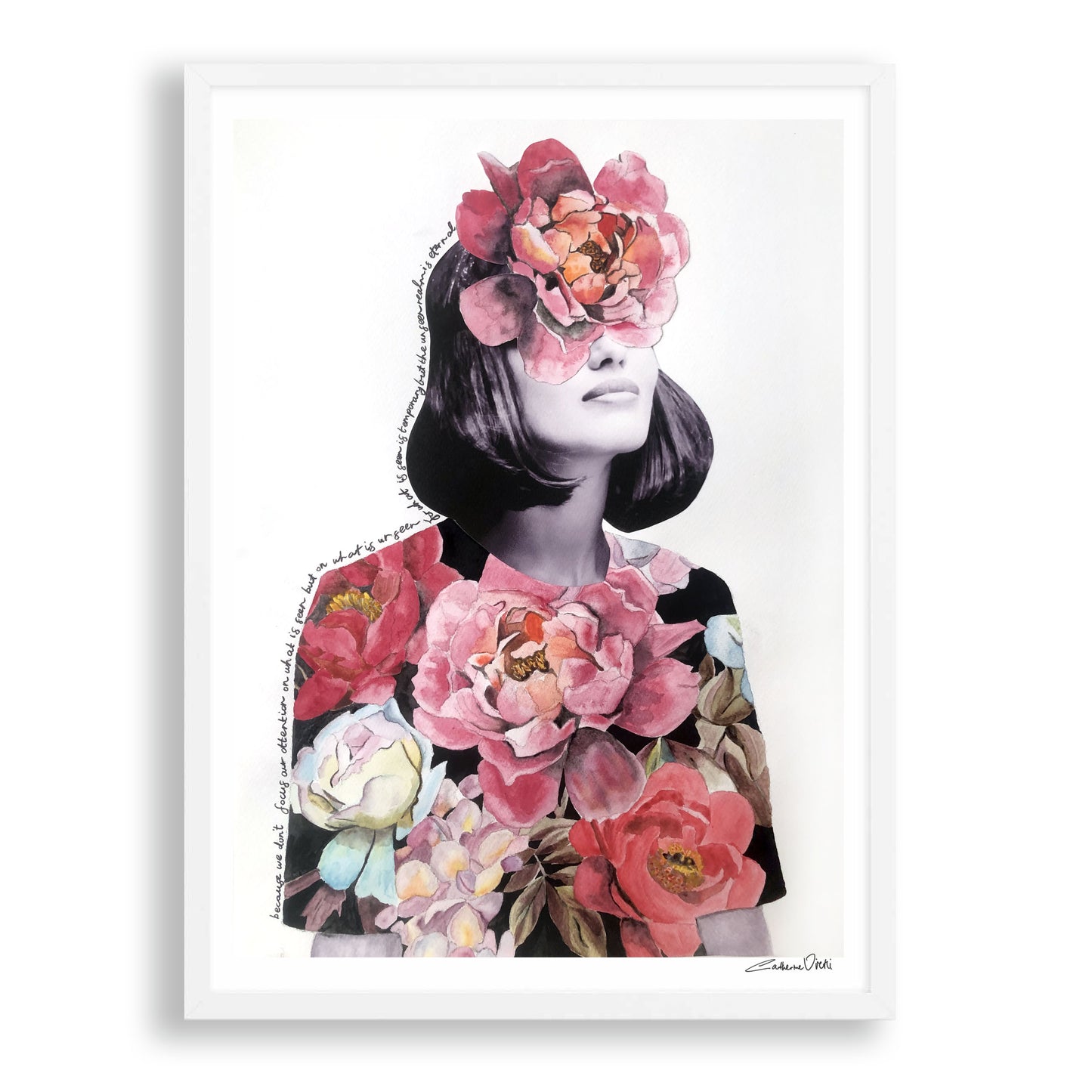 Original Art Print of black and white photograph of woman with colourful watercolour painted flowers, in white frame.