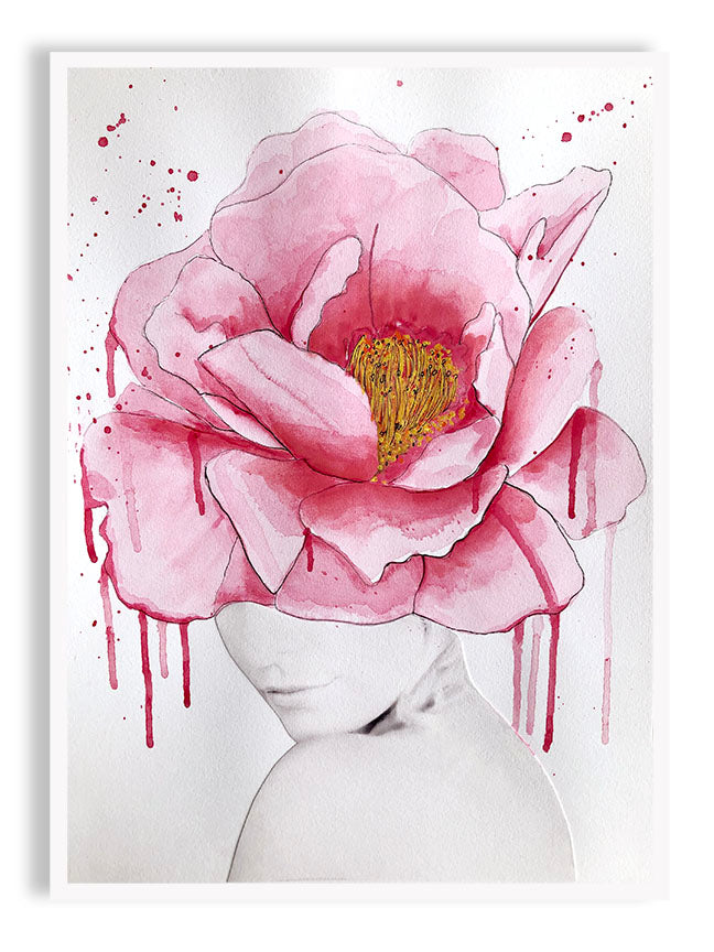 Black and white photograph of a woman with a large pink watercolour flower covering her face.