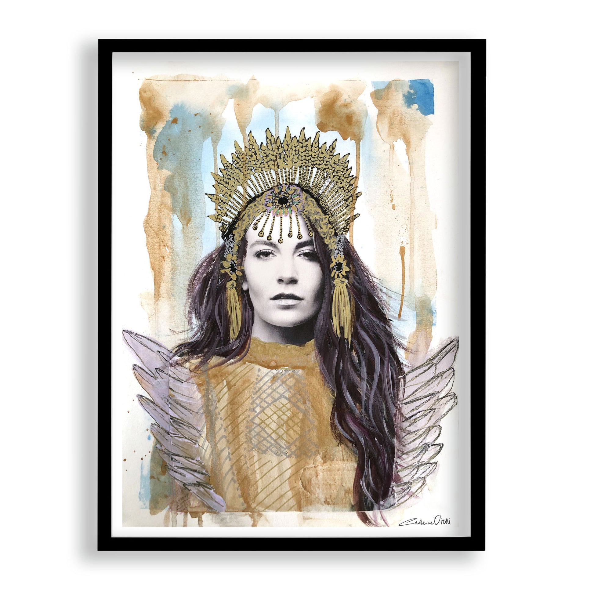 Fine art print of a woman with a crown and angel wings, in a black frame.
