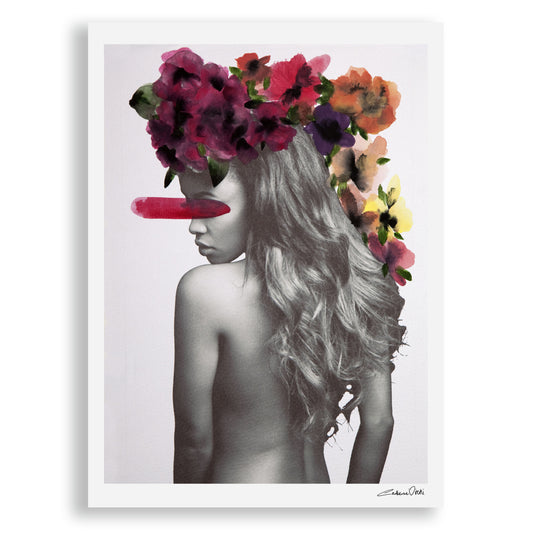 Art Print of black and white photograph of woman with colourful watercolour painted flowers.