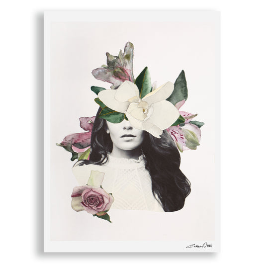 Art print of black and white photograph of woman with watercolour painted flowers.