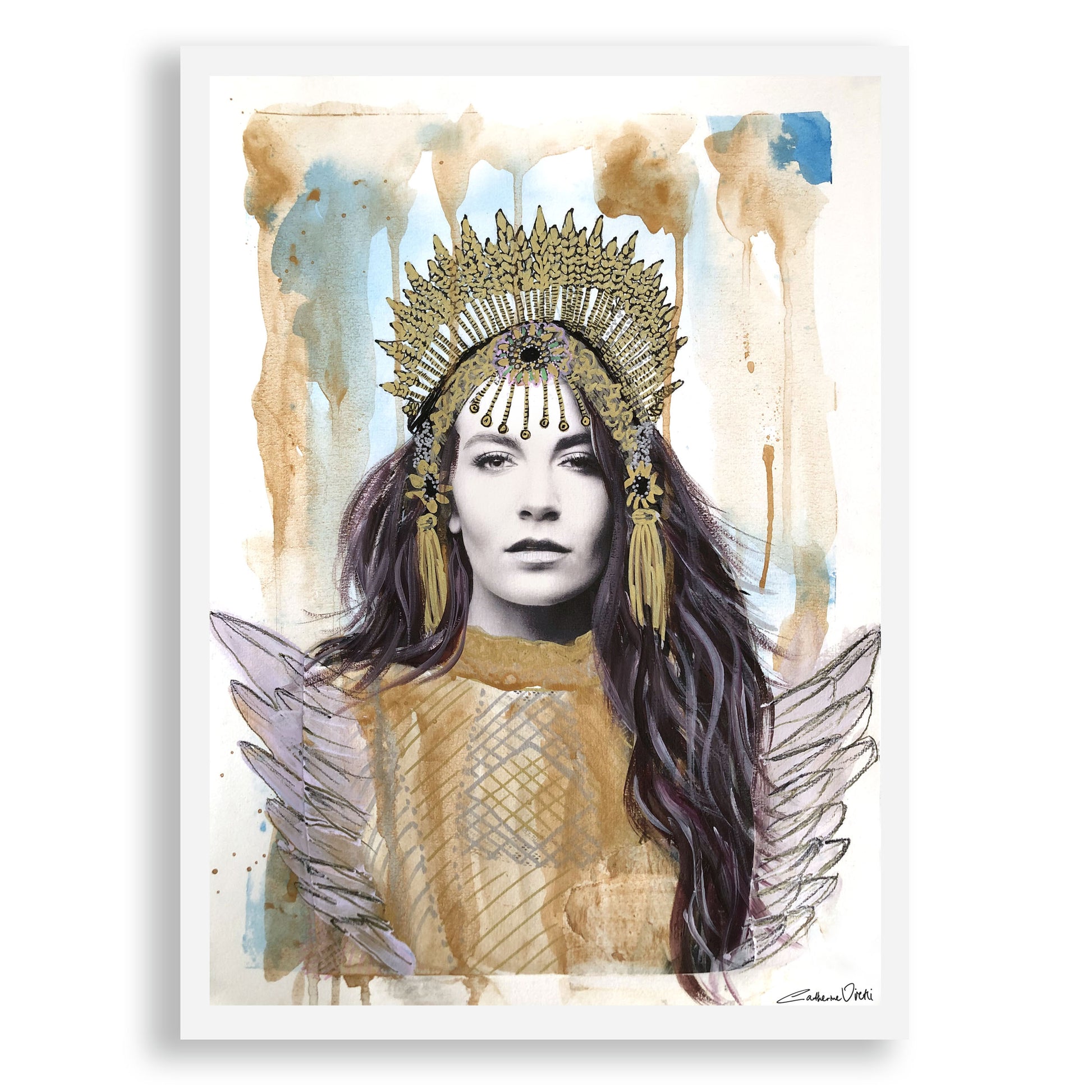 Fine art print of a woman with a crown and angel wings. 