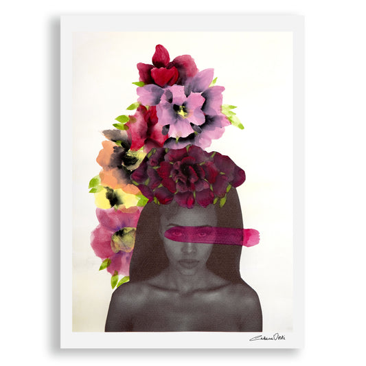 Art Print of black and white photograph of woman with colourful watercolour painted flowers.